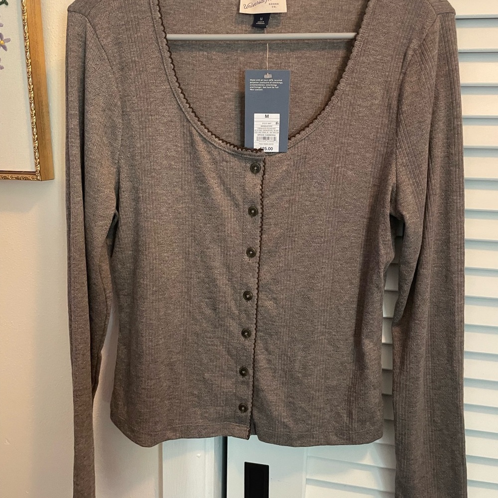 Universal thread Taupe Ribbed Long-Sleeve Button Front Top